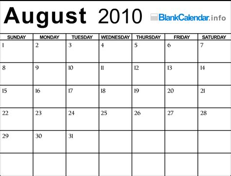 2010 August Calendar
